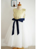 Gold Sequin Ivory Tulle Deep V Back Knee Length Flower Girl Dress 